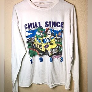 John Galt Brandy Melville White Graphic Long Sleeve Shirt, Cropped, 100% Cotton,